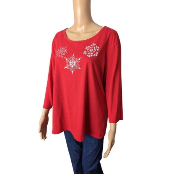 Coral Bay Red and Silver Snowflake Embellished 3/4 Length Sleeve Top 1X - Picture 5 of 9
